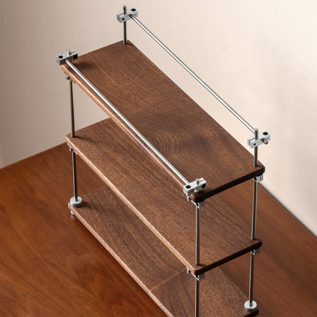 Vintage sapele wood stainless steel shelf packer in real life style.