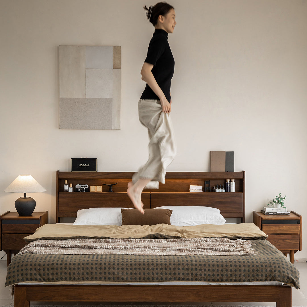 Vintage walnut wood bed accompany light primary product view.