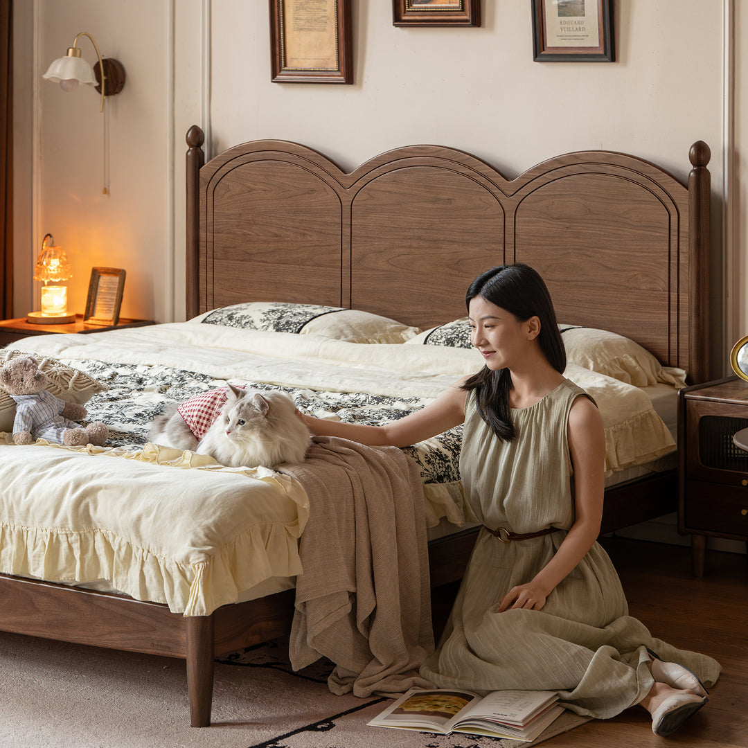 Vintage walnut wood bed midsummer in real life style.