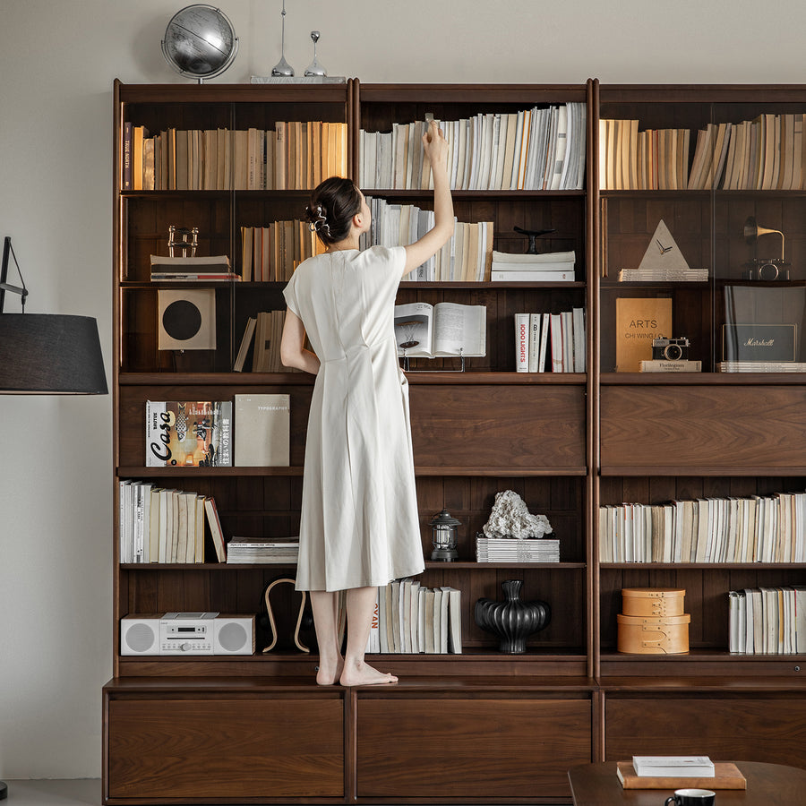 Vintage walnut wood bookshelf vista primary product view.