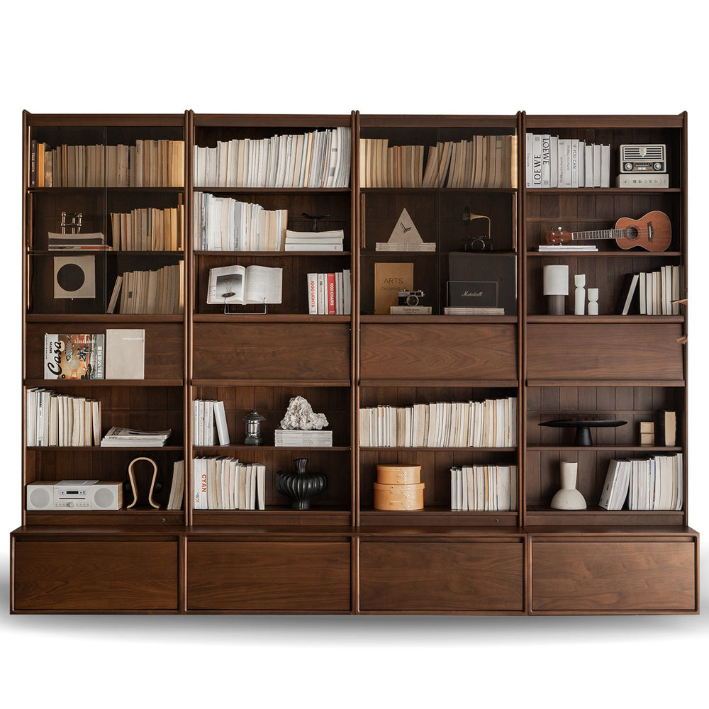 Vintage walnut wood bookshelf vista in white background.