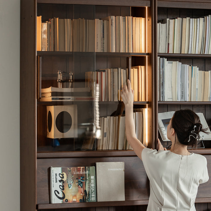 Vintage walnut wood bookshelf vista in real life style.