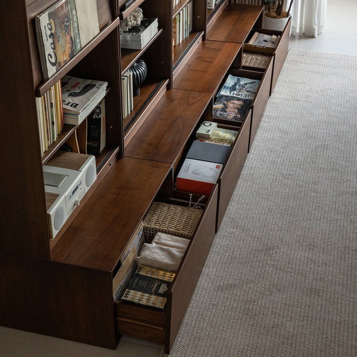 Vintage walnut wood bookshelf vista with context.