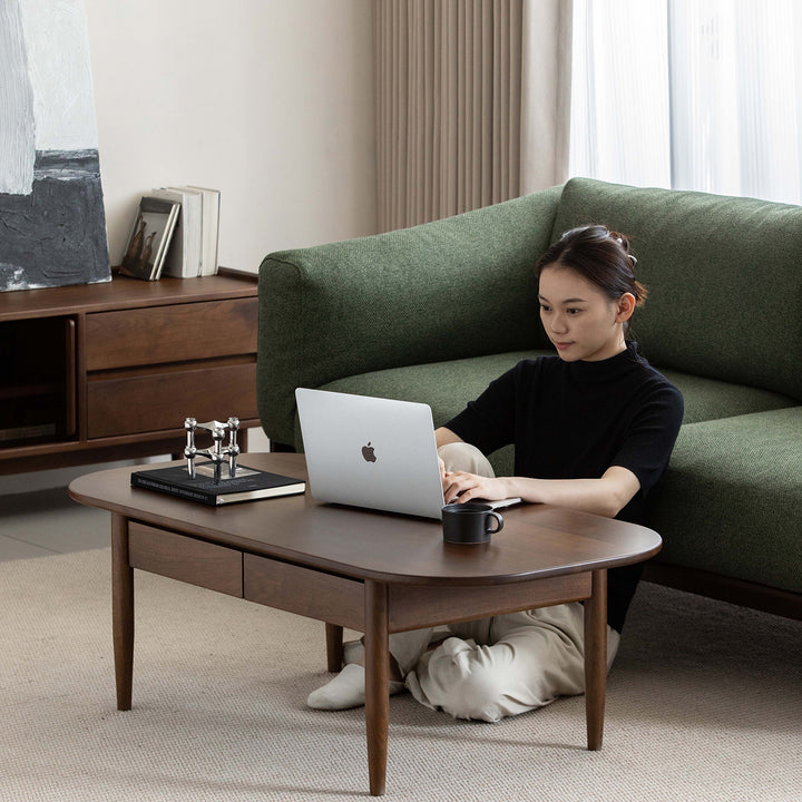 Vintage walnut wood coffee table vista in panoramic view.