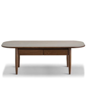 Vintage walnut wood coffee table vista in white background.