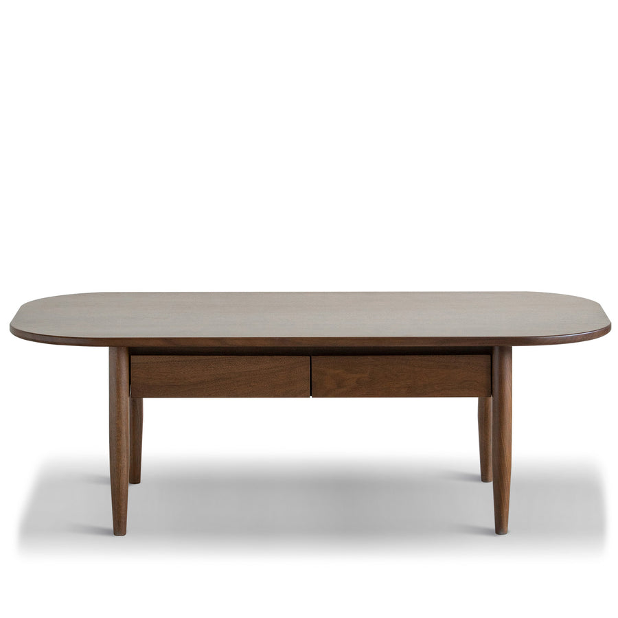 Vintage walnut wood coffee table vista in white background.