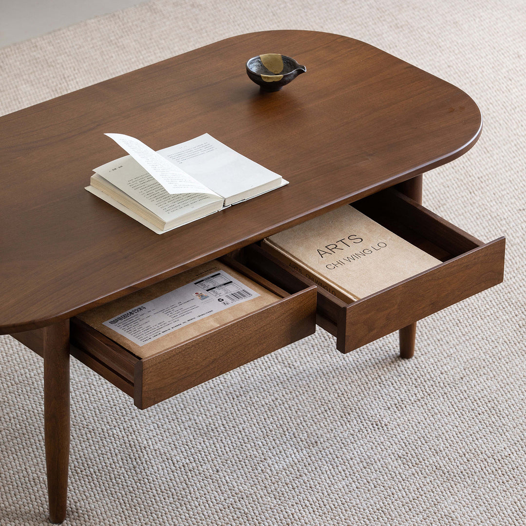 Vintage walnut wood coffee table vista color swatches.