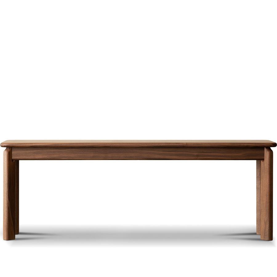 Vintage walnut wood dining bench riverin in white background.