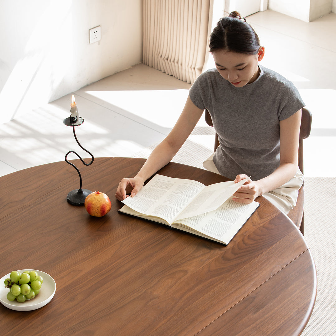 Vintage walnut wood extendable dining table minima in real life style.