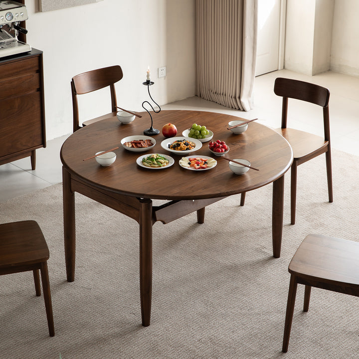 Vintage walnut wood extendable dining table minima in panoramic view.