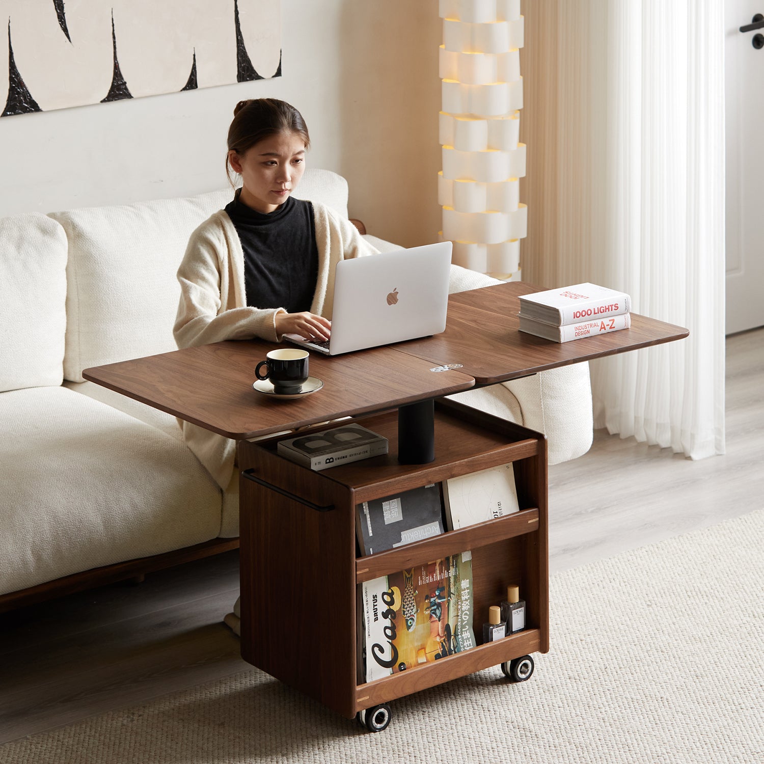 Japandi Walnut Wood Extendable Height Adjustable Coffee Table MIRROR L ...