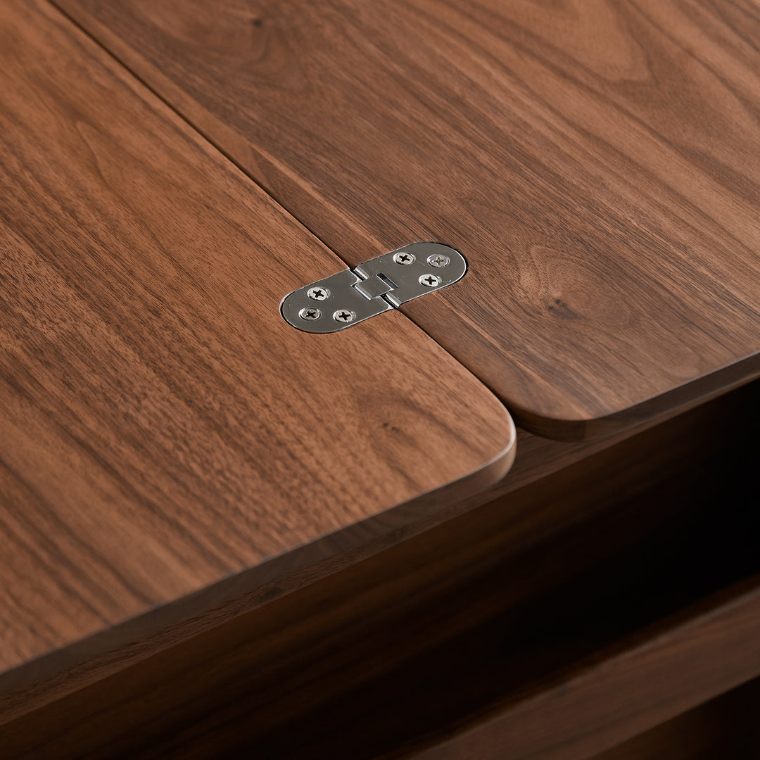 Vintage walnut wood extendable height adjustable coffee table mirror lake in still life.