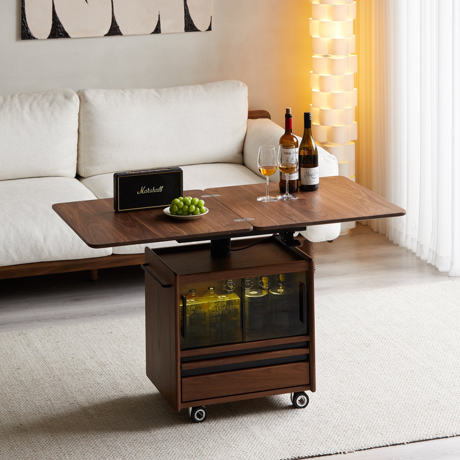 Japandi Walnut Wood Extendable Height Adjustable Coffee Table MIRROR L ...