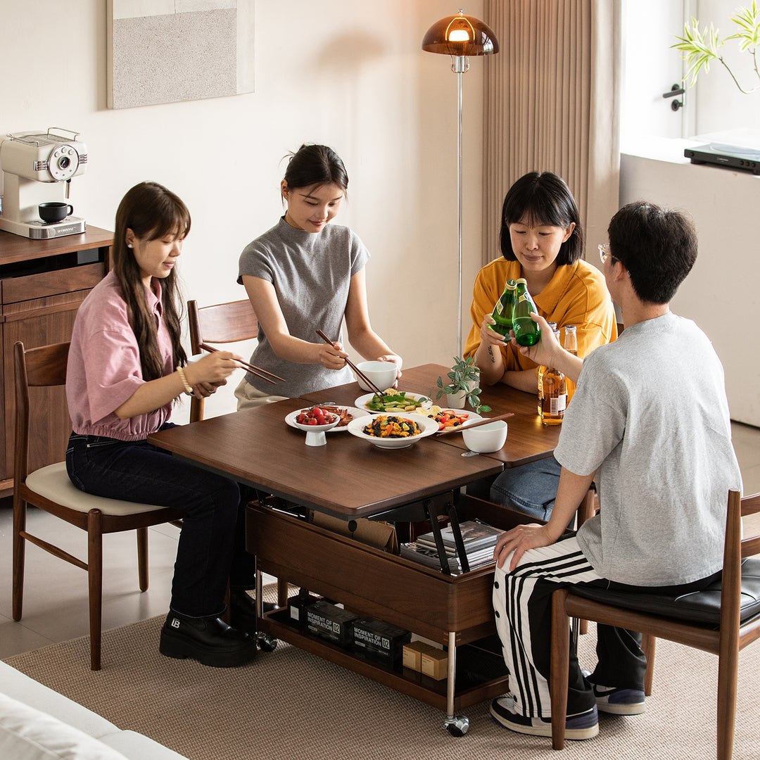 Vintage walnut wood lift-up coffee table seren in still life.