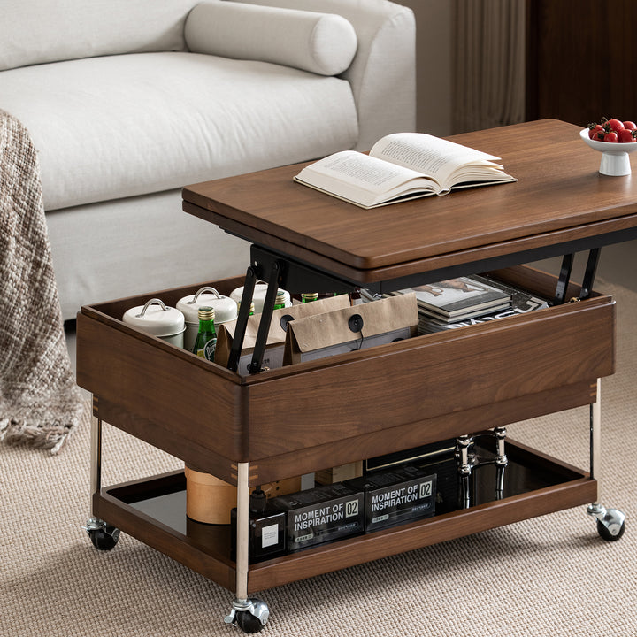 Vintage walnut wood lift-up coffee table seren color swatches.