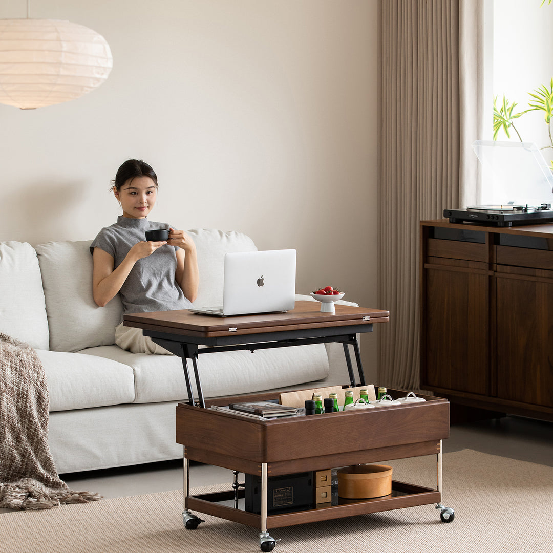 Vintage walnut wood lift-up coffee table seren material variants.