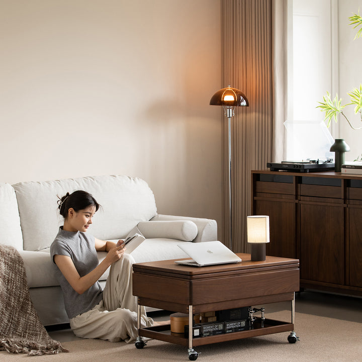 Vintage walnut wood lift-up coffee table seren with context.