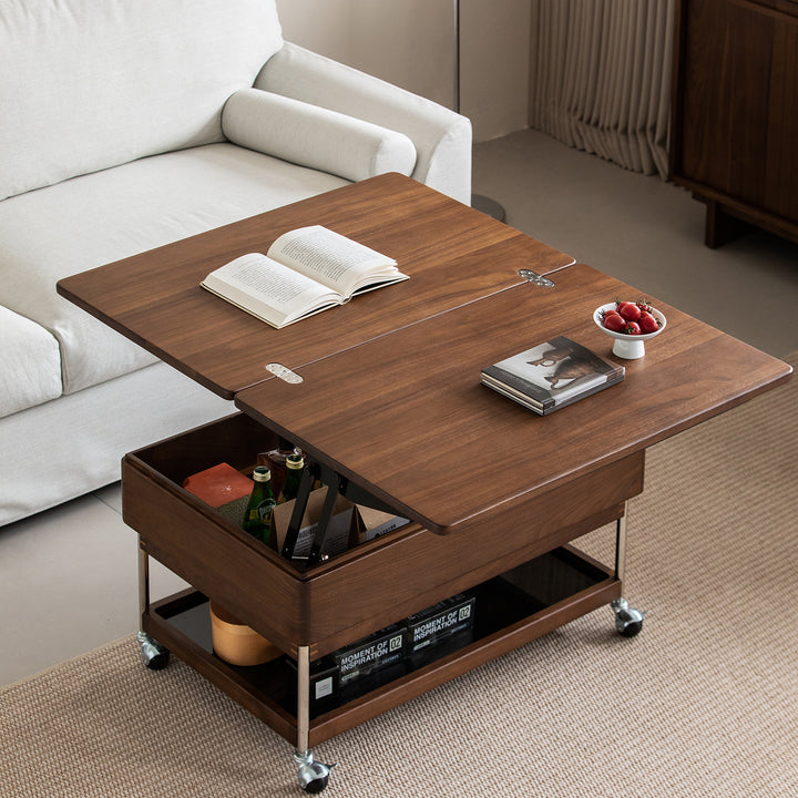 Vintage walnut wood lift-up coffee table seren in details.