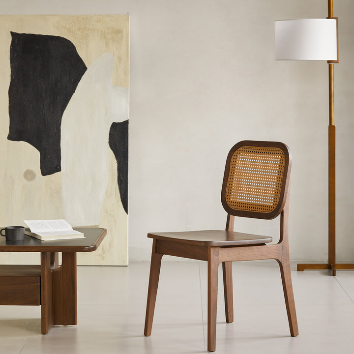 Vintage walnut wood rattan dining chair nook color swatches.