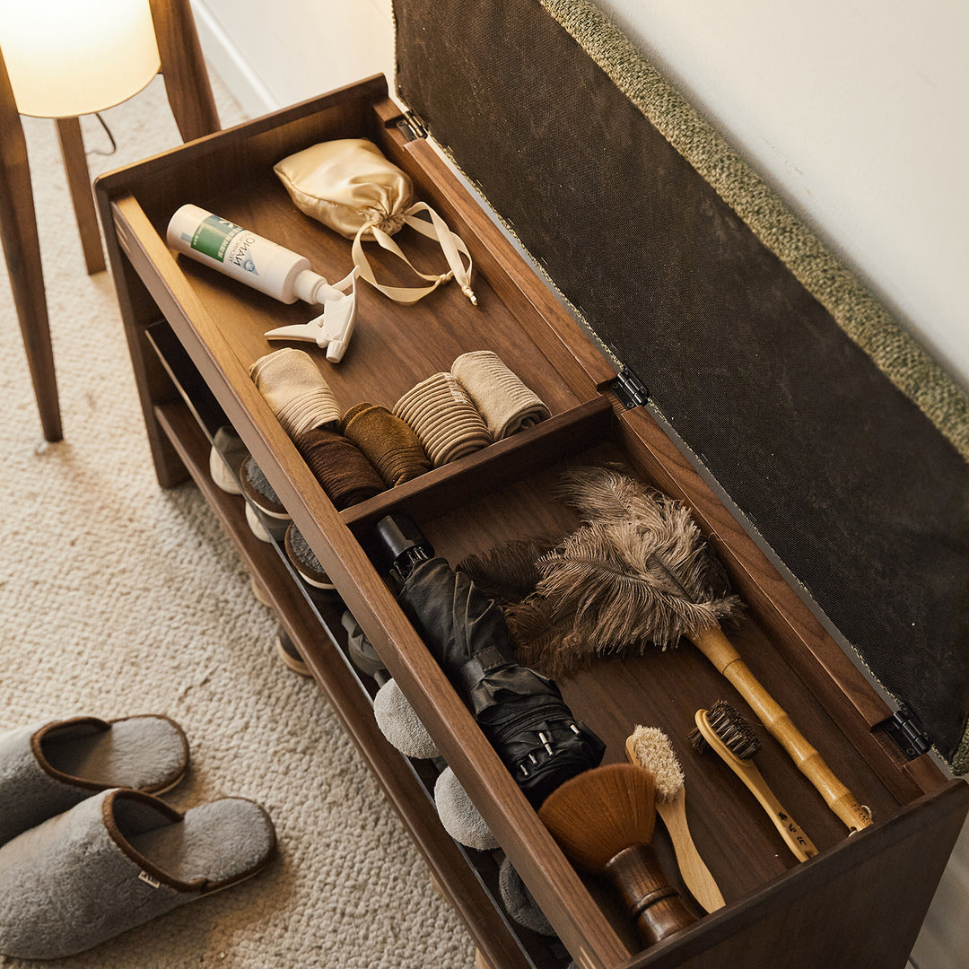 Vintage walnut wood shoe changing bench dawn color swatches.