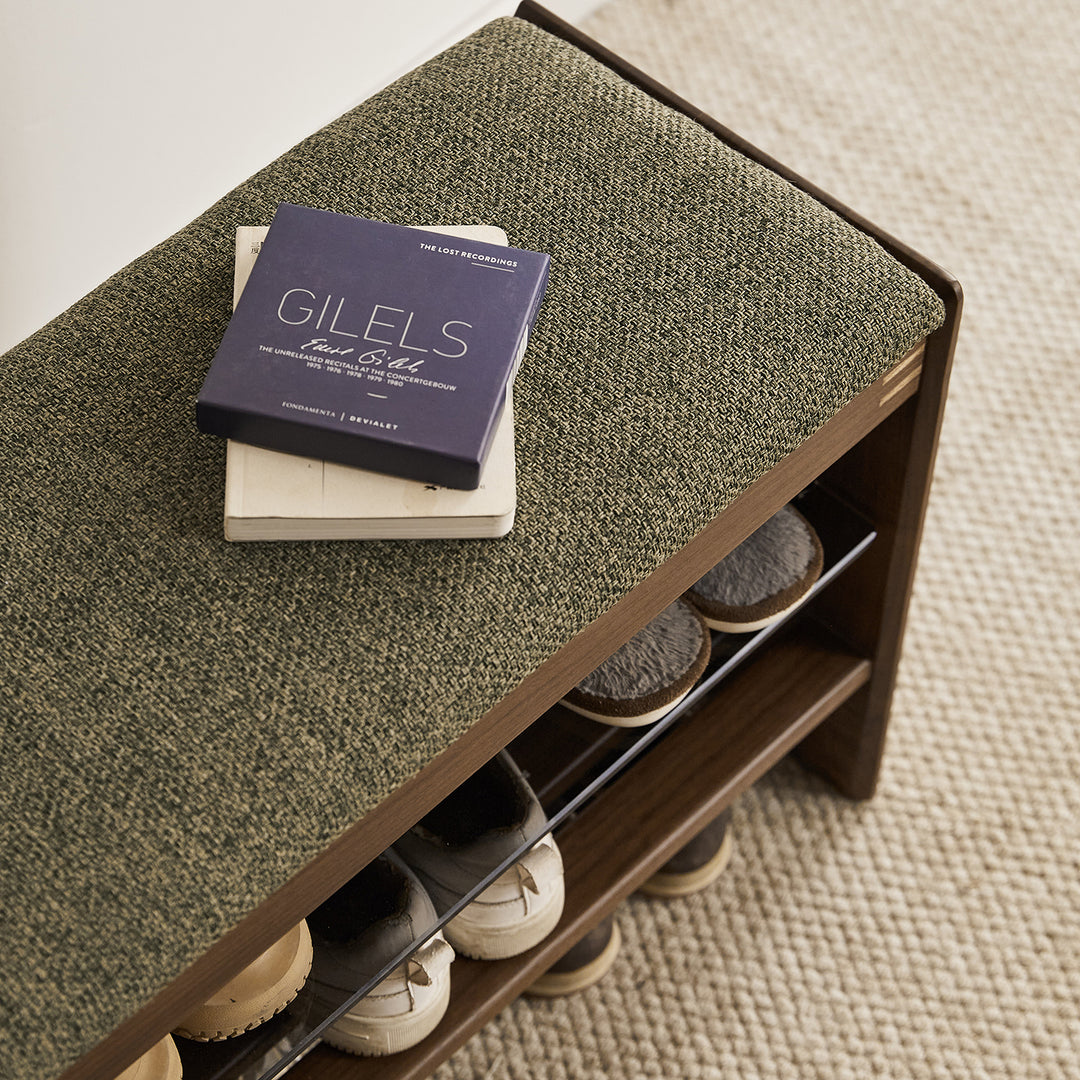 Vintage walnut wood shoe changing bench dawn material variants.