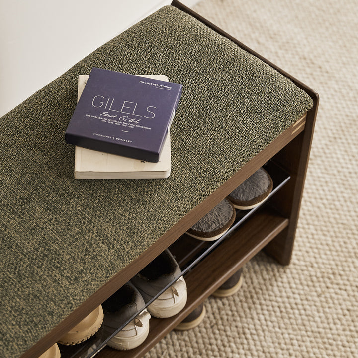 Vintage walnut wood shoe changing bench dawn material variants.