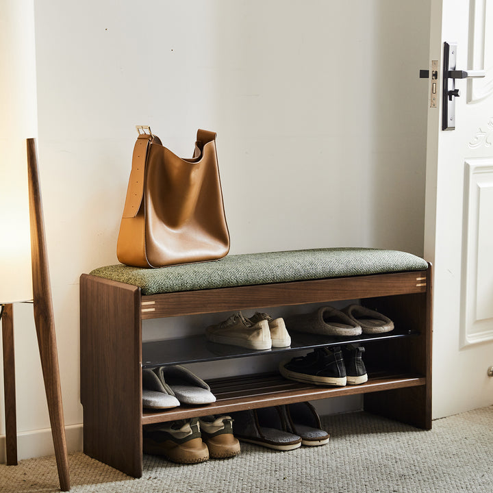 Vintage walnut wood shoe changing bench dawn in real life style.