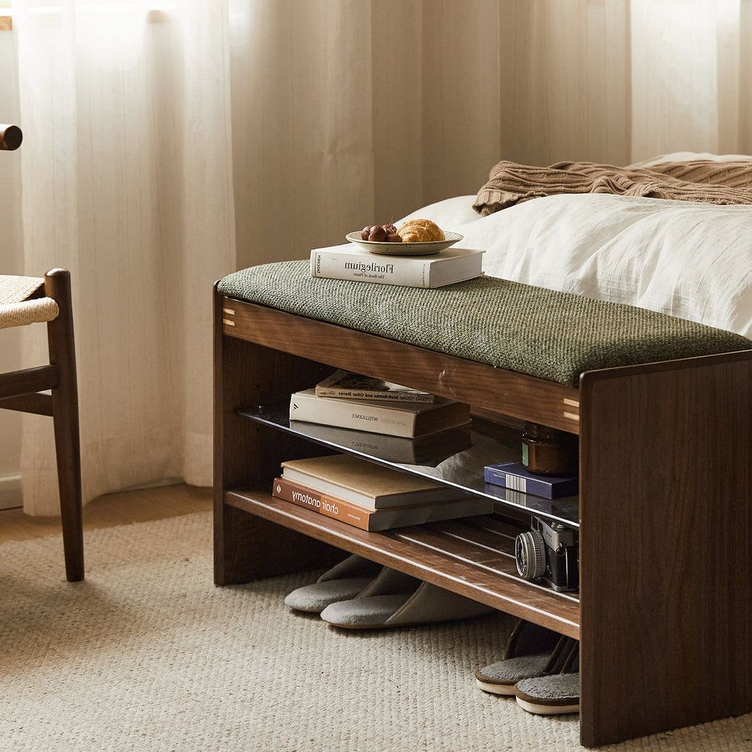 Vintage walnut wood shoe changing bench dawn in panoramic view.