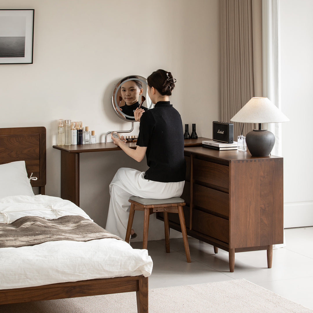 Vintage walnut wood dressing table vista size charts.