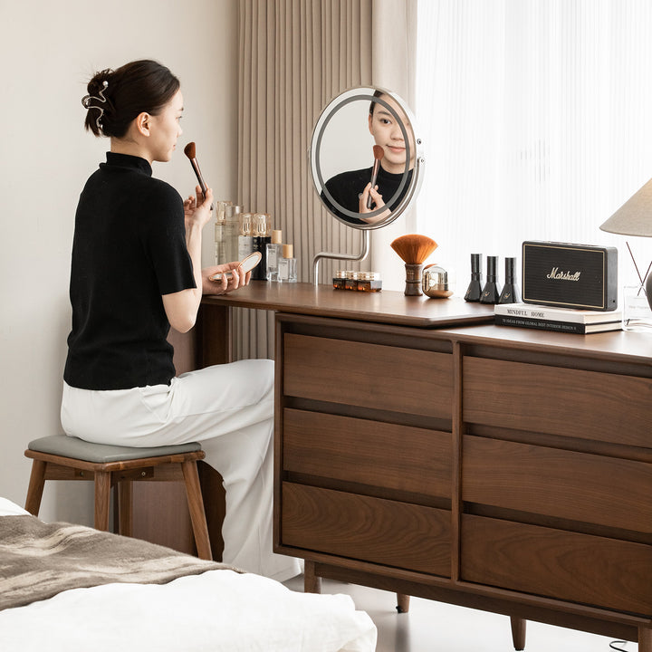 Vintage walnut wood dressing table vista in real life style.