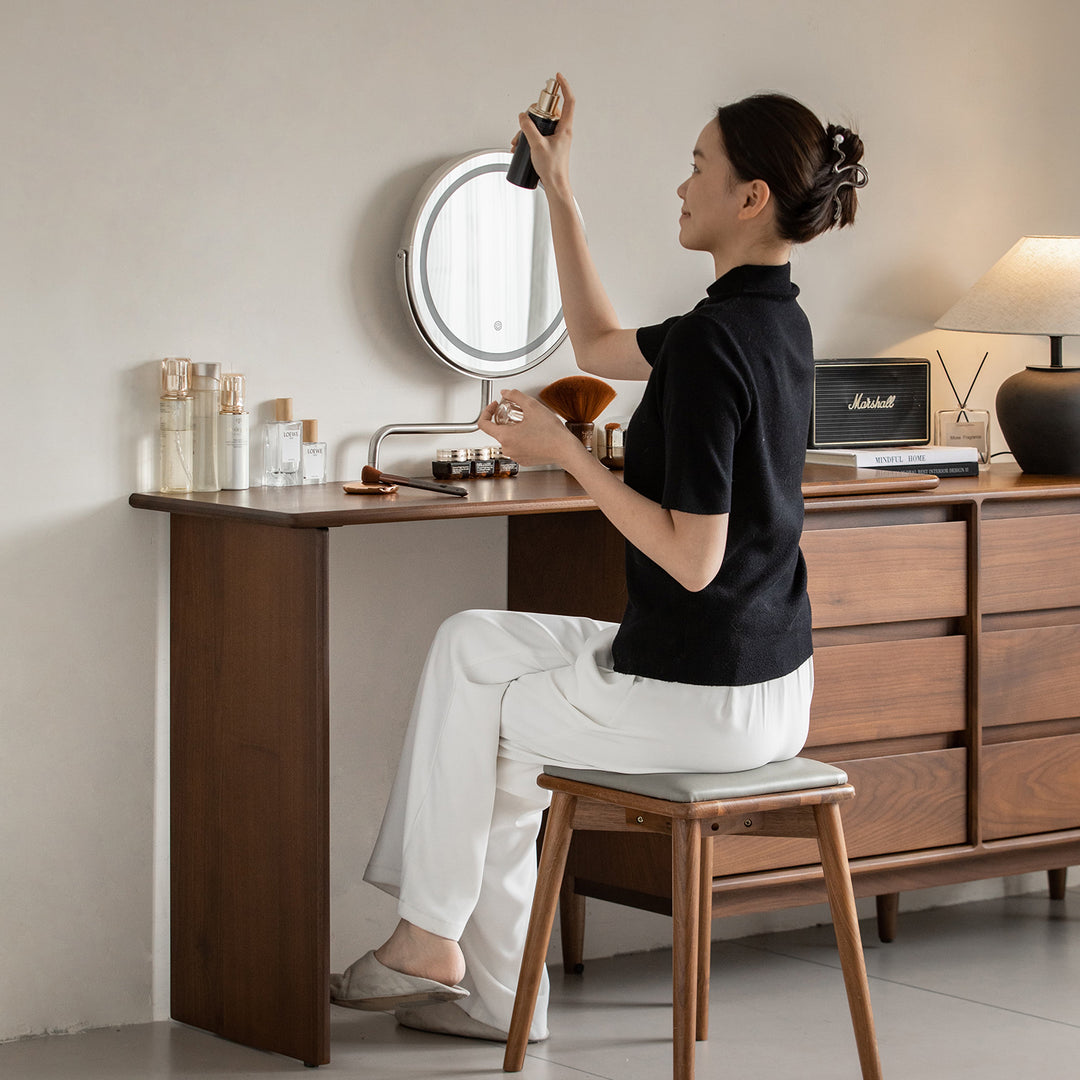 Vintage walnut wood dressing table vista with context.