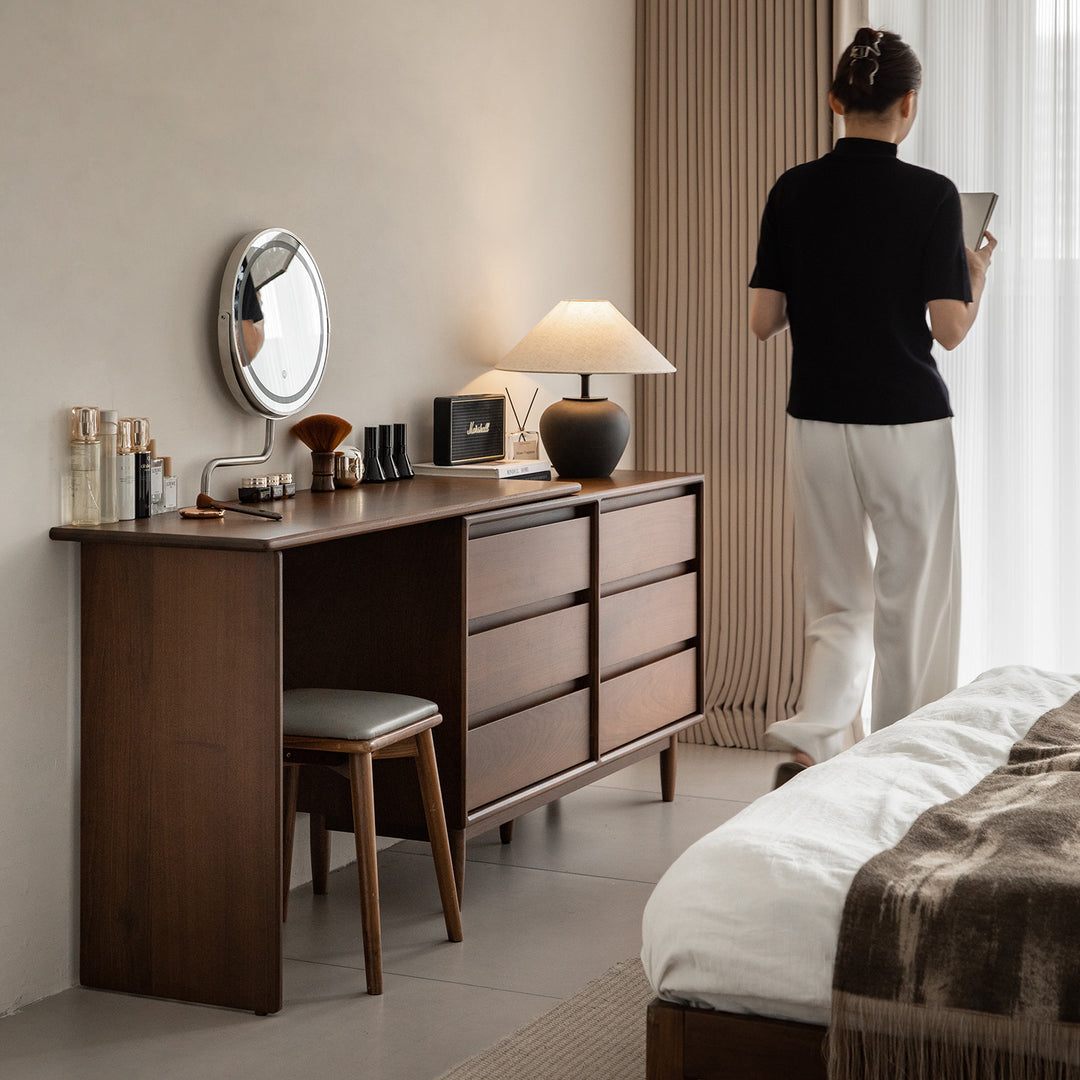 Vintage walnut wood dressing table vista in details.