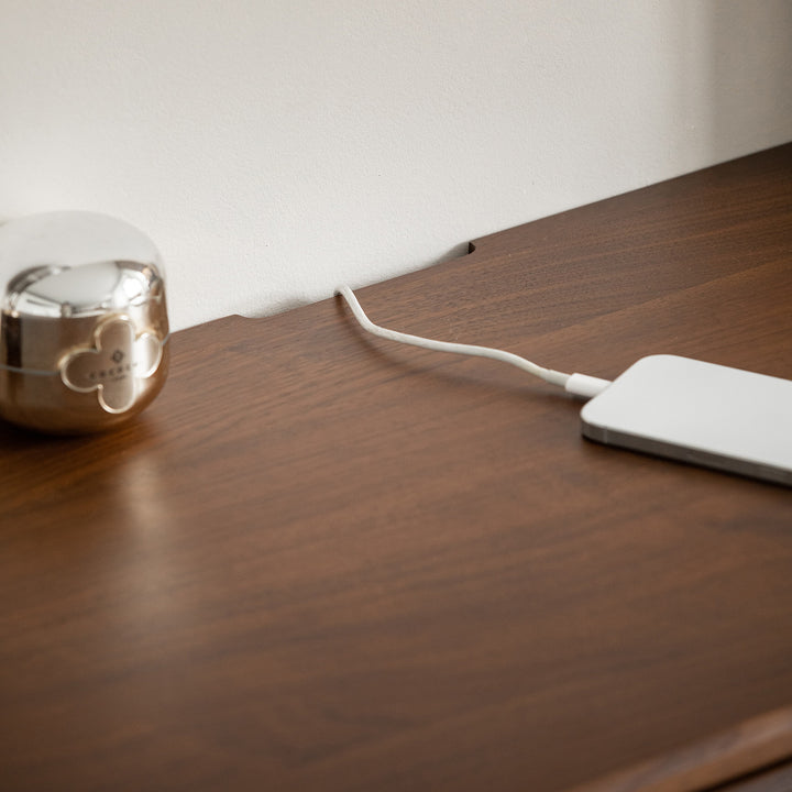 Vintage walnut wood dressing table vista in close up details.
