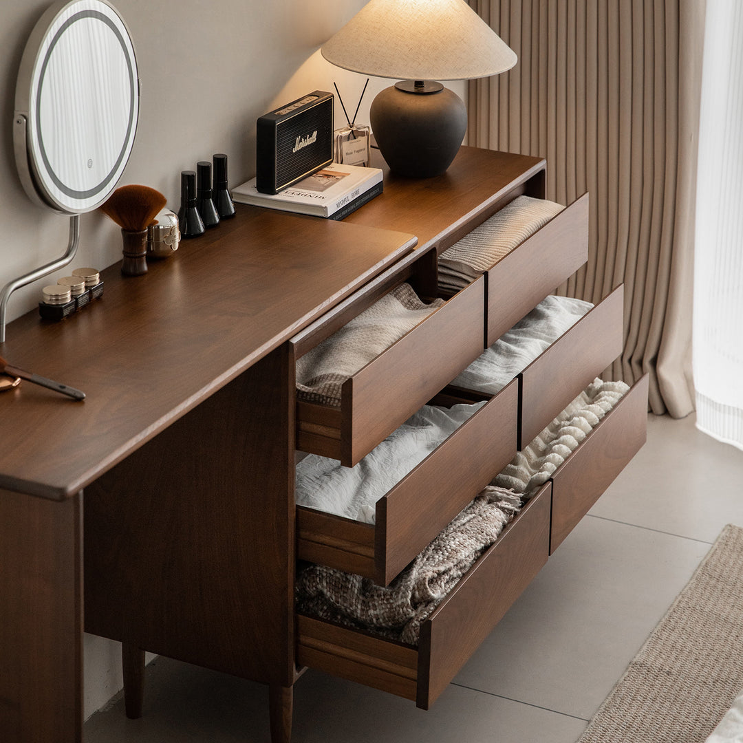Vintage walnut wood dressing table vista in panoramic view.