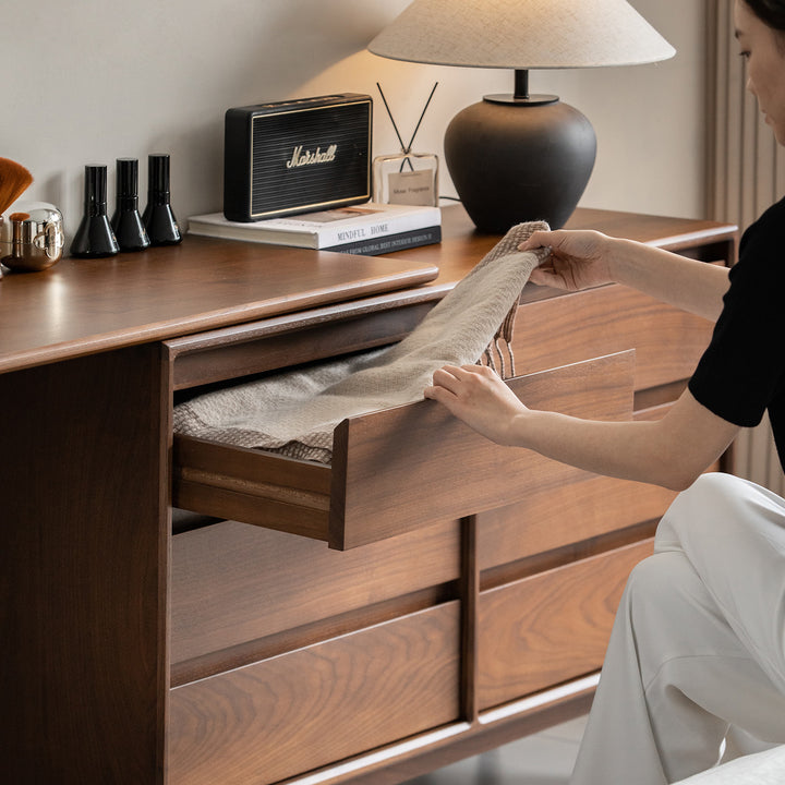 Vintage walnut wood dressing table vista in still life.