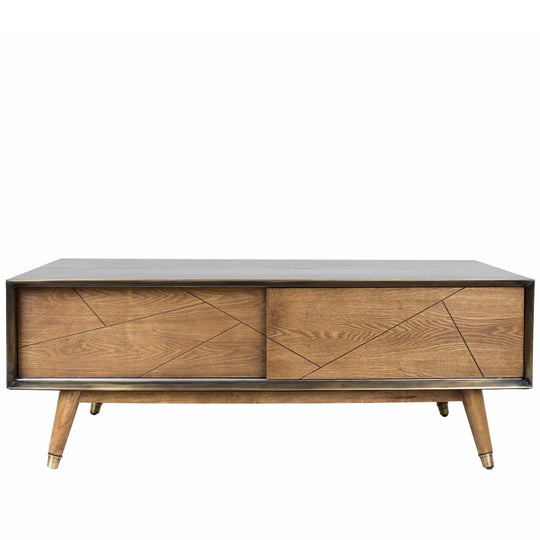 Vintage wooden coffee table vintage brass in white background.