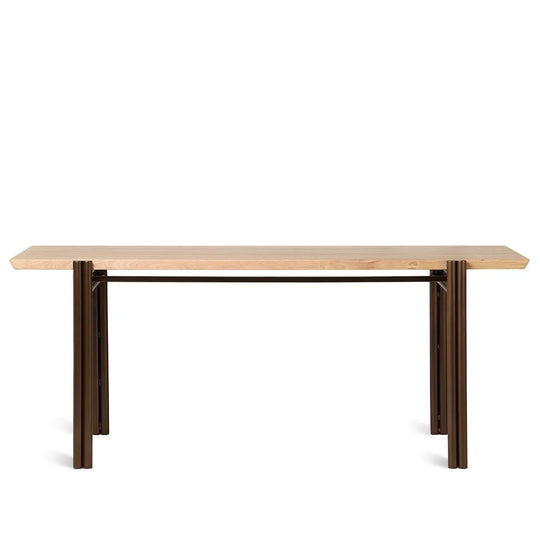Bauhaus wooden dining table breezy in white background.