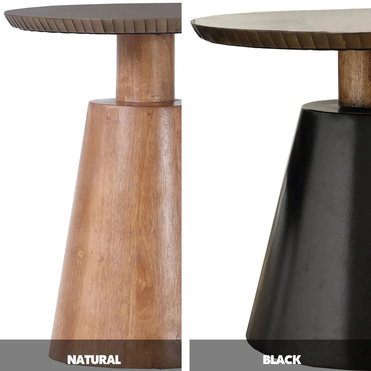 Vintage wooden round side table vintage brass color swatches.