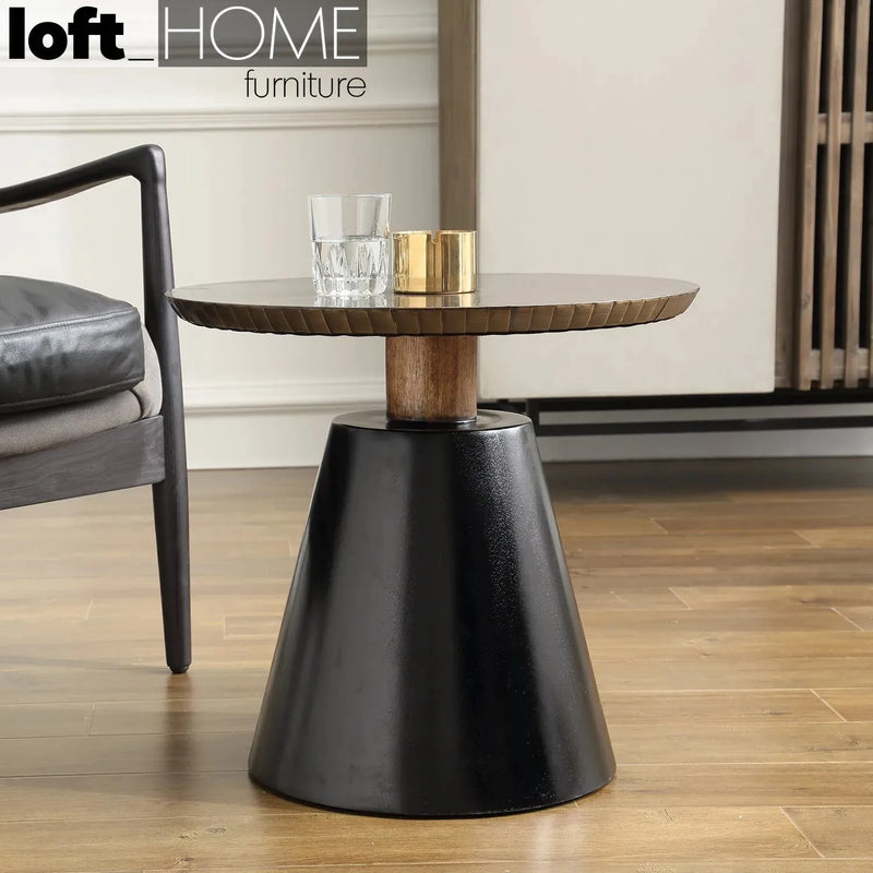 Vintage wooden round side table vintage brass material variants.