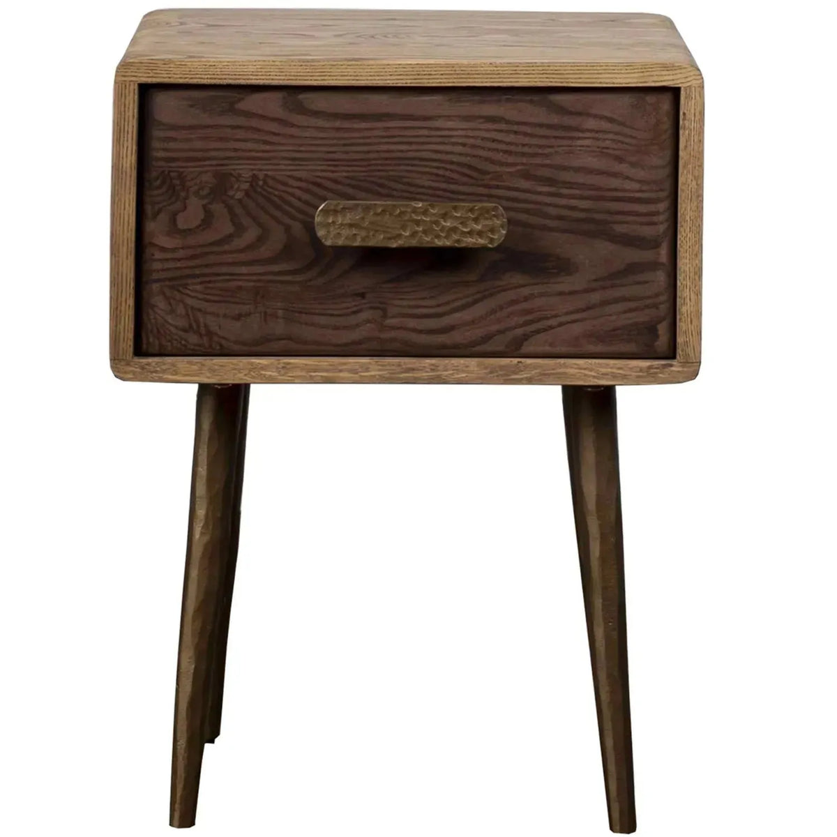 Vintage wooden side table hammer brass in white background.
