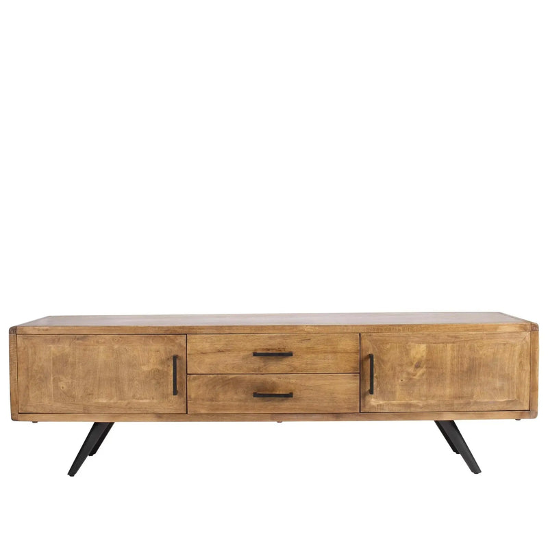 Industrial wooden tv console greyash in white background.