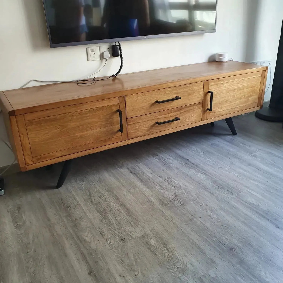 Industrial wooden tv console greyash primary product view.