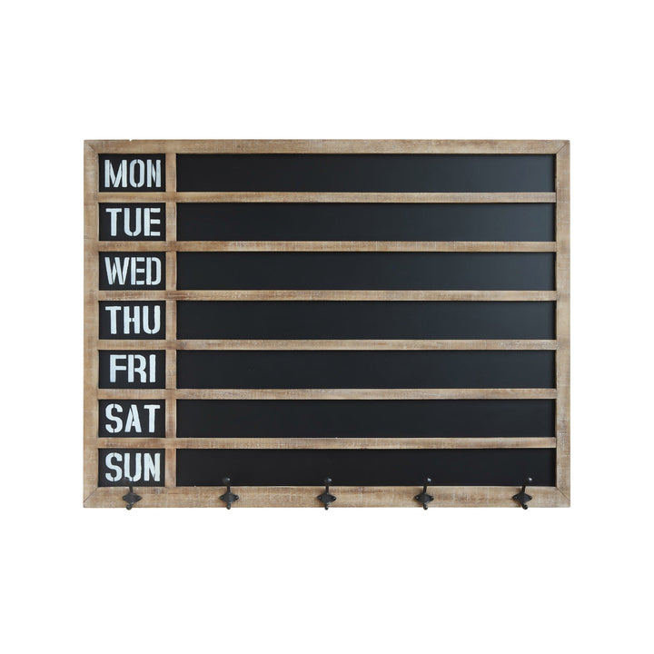 Weekday wall chalkboard with 5 metal hooks decor in white background.
