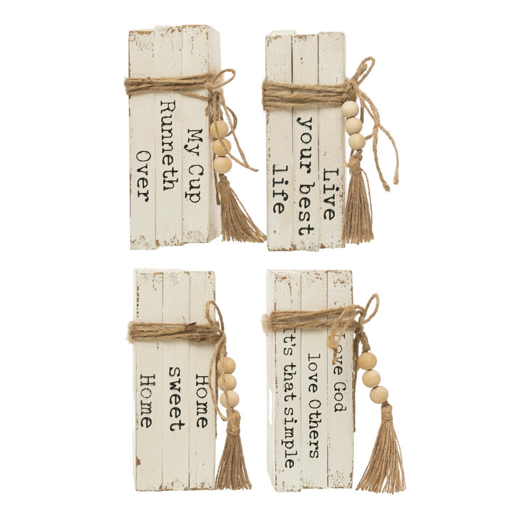 Wood block faux books with saying, 4 styles decor size charts.