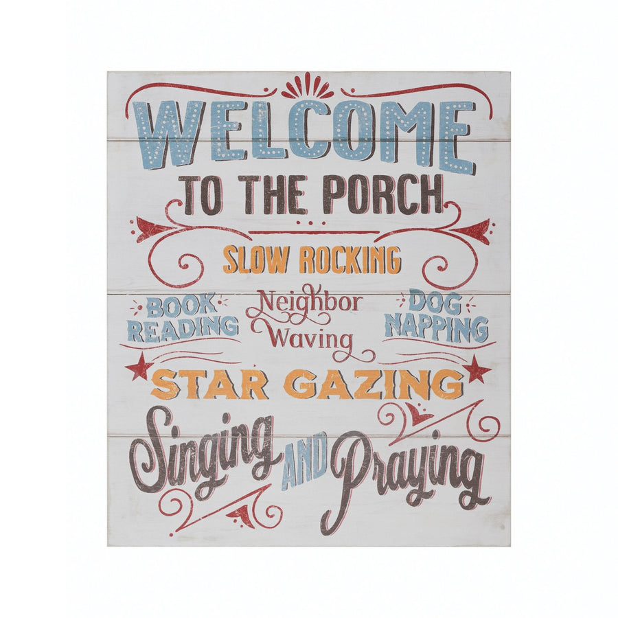 Wood wall decor "welcome to the porch" in white background.