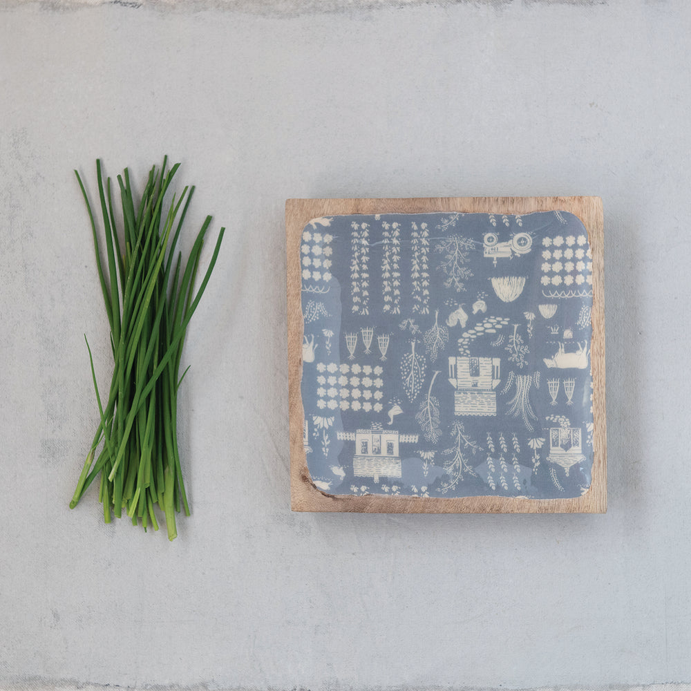 8" Square Enameled Mango Wood Tray w/ Farm Print, Blue © Primary Product