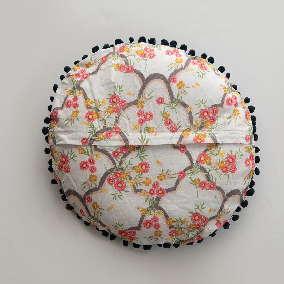 16" Round Cotton Pillow w/ Embroidery, Printed Back & Pom Pom Trim, Multi Color Size Chart