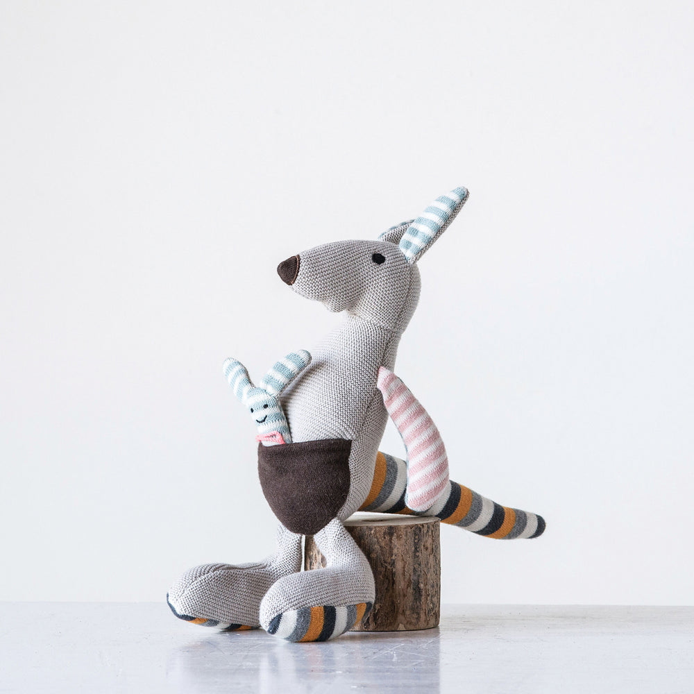9-1/2"L x 12"H Cotton Knit Kangaroo w/ Joey, Grey w/ Multi Color Stripes Primary Product