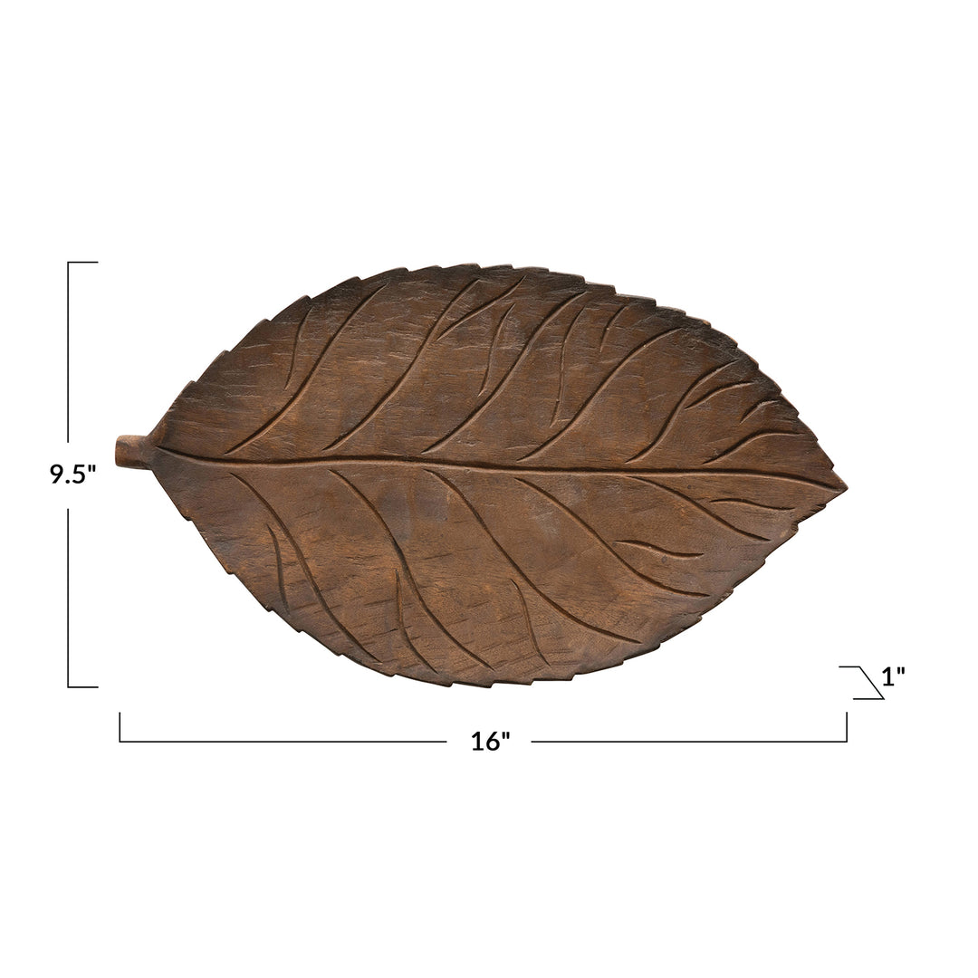16"L x 9-1/2"W x 1"H Hand-Carved Mango Wood Leaf Tray Color Variant