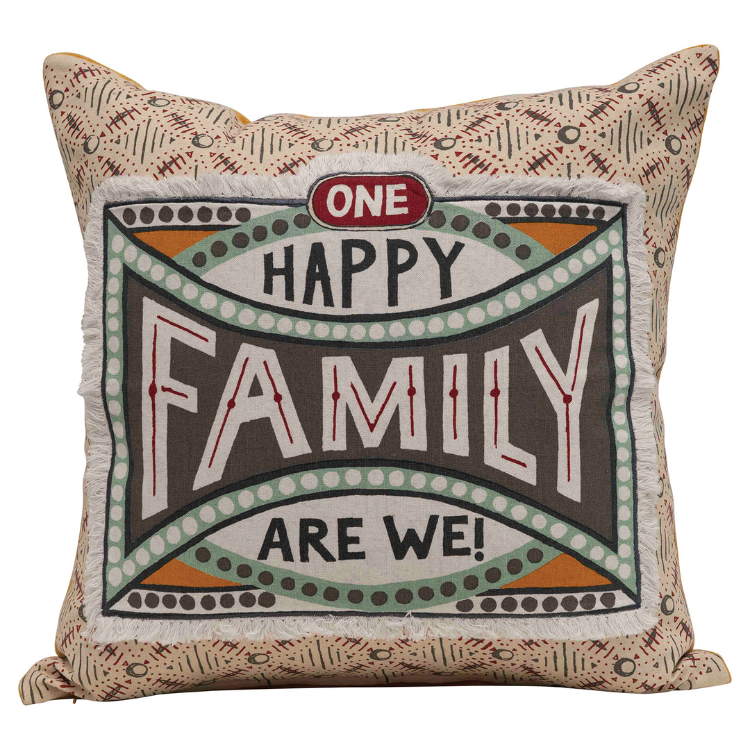 18" Square Cotton Pillow w/ Cotton Velvet Back, Embroidery & Fringe "One Happy F White Background